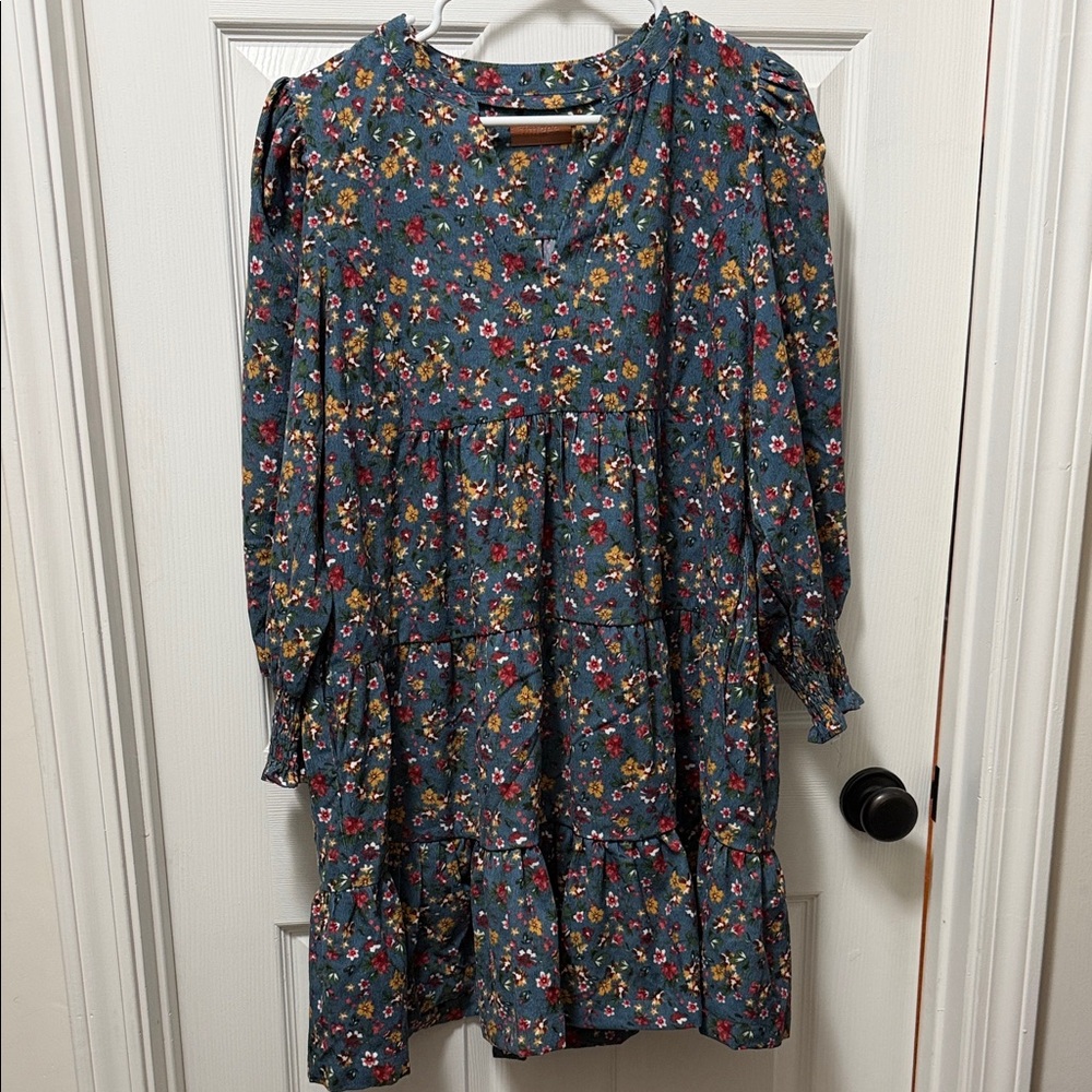 Umgee Teal Floral Midi Dress with Pink & Yellow Blooms